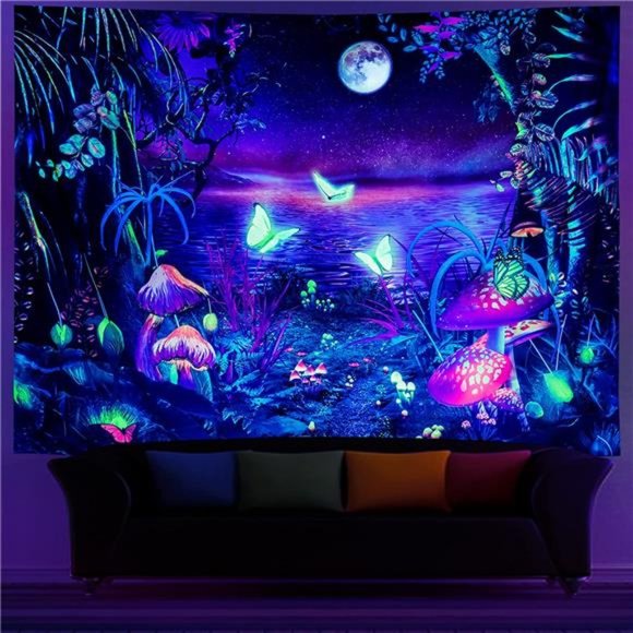 Blacklight Fantasy Forest Tapestry Aesthetic Moon Tapestry UV Reactive Butterfly - Picture 1 of 6